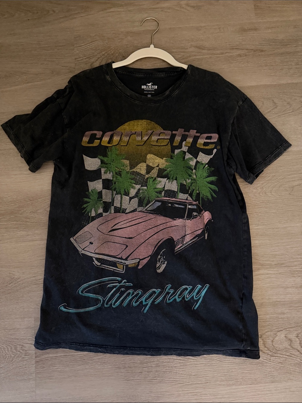 Hollister Black Tee with Pink Corvette Stingray and Retro Palm Graphic